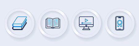 Set line Online education with diploma play video Open book and Book icon. Vector.