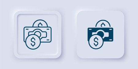 Filled and outline Stacks paper money cash icon isolated on gray background. Money banknotes stacks. Bill currency. Square button. Vector.のイラスト素材
