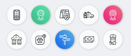 Set line Road traffic sign Location with star Taxi service rating Stacks paper money cash car taxi and mobile app icon. Vector.のイラスト素材