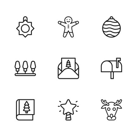 Set line Christmas star Mail box Reindeer Envelope ball toy Holiday gingerbread man cookie and lights icon. Vector.のイラスト素材