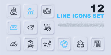 Set line Taxi service rating mobile app car insurance call telephone roof waiting time and Route location icon. Vector.のイラスト素材