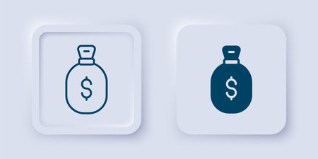 Filled and outline Money bag icon isolated on gray background. Dollar or USD symbol. Cash Banking currency sign. Square button. Vector.のイラスト素材