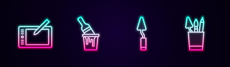 Set line Graphic tablet Paint bucket with brush Palette knife and Pencil case stationery. Glowing neon icon. Vector.のイラスト素材