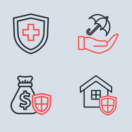 Set line Umbrella in hand Money bag with shield House and Life insurance icon. Vector.のイラスト素材