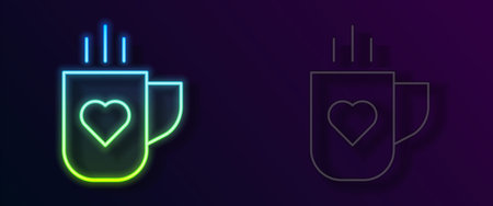 Glowing neon line Coffee cup and heart icon isolated on black background. Couple coffee for lovers on Valentines Day. Vector.のイラスト素材