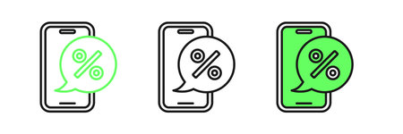 Set line Percent discount on mobile phone icon isolated on white background. Sale percentage - price label, tag. Vector.のイラスト素材
