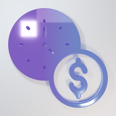 Purple-blue Time is money icon isolated on gray background. Money is time. Effective time management. Convert time to money. Minimalism concept. 3D render illustration.の写真素材