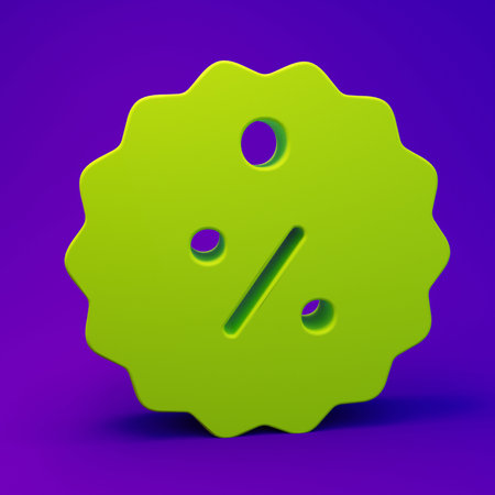 Green Discount percent tag icon isolated on purple-blue background. Shopping tag sign. Special offer sign. Discount coupons symbol. Minimalism concept. 3D render illustration.の写真素材