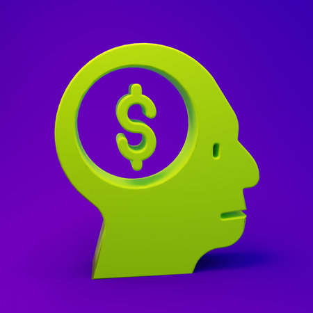 Green Business man planning mind icon isolated on purple-blue background. Head with dollar. Idea to earn money. Business investment growth. Minimalism concept. 3D render illustration.の写真素材