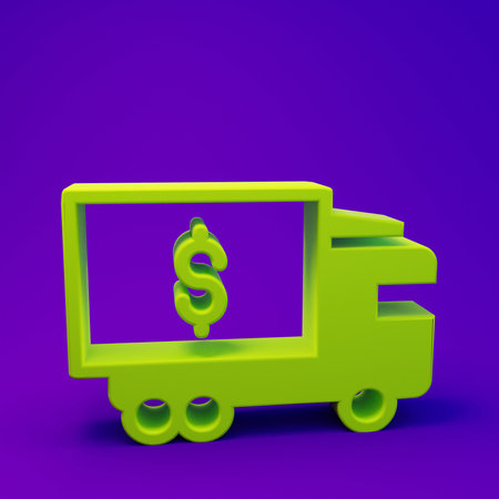 Green Armored truck icon isolated on purple-blue background. Minimalism concept. 3D render...