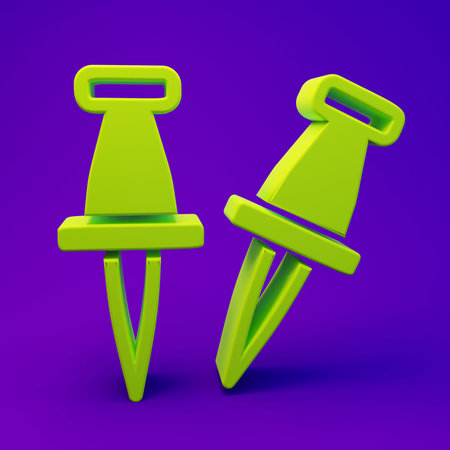 Green Push pin icon isolated on purple-blue background. Thumbtacks sign. Minimalism concept. 3D render illustration.の写真素材