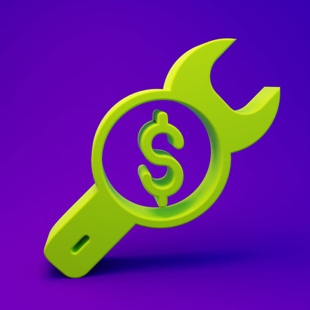 Green Repair price icon isolated on purple-blue background. Dollar and wrench. Minimalism concept. 3D render illustration.の写真素材