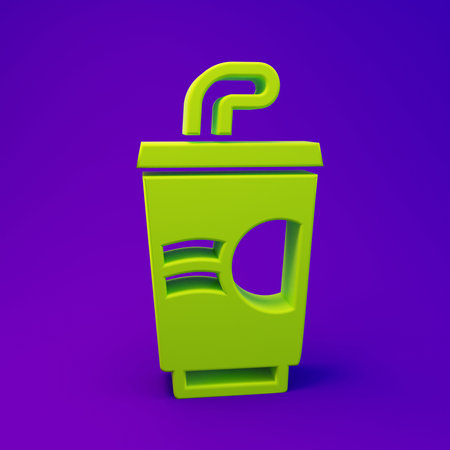 Green Paper glass with drinking straw and water icon isolated on purple-blue background. Soda drink glass. Fresh cold beverage symbol. Minimalism concept. 3D render illustration.の写真素材
