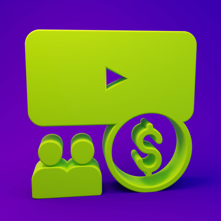 Green Cinema auditorium with screen icon isolated on purple-blue background. Minimalism concept. 3D render illustration.の写真素材