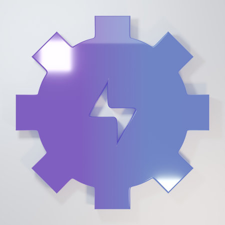 Purple-blue Gear and lightning icon isolated on gray background. Electric power. Lightning bolt sign. Minimalism concept. 3D render illustration.の写真素材
