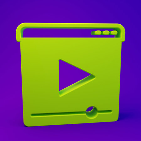 Green Online play video icon isolated on purple-blue background. Film strip with play sign. Minimalism concept. 3D render illustration.の写真素材