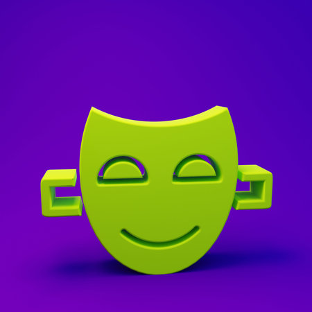 Green Comedy theatrical mask icon isolated on purple-blue background. Minimalism concept. 3D render illustration.の写真素材