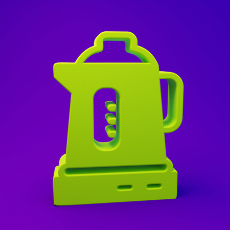 Green Electric kettle icon isolated on purple-blue background. Teapot icon. Minimalism concept. 3D render illustration.の写真素材