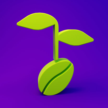 Green Coffee beans icon isolated on purple-blue background. Minimalism concept. 3D render illustration.の写真素材