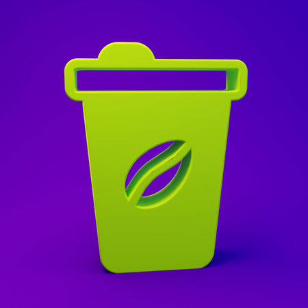 Green Coffee cup to go icon isolated on purple-blue background. Minimalism concept. 3D render illustration.の写真素材
