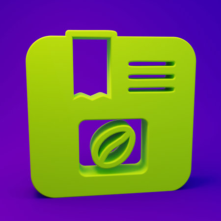 Green Bag of coffee beans icon isolated on purple-blue background. Minimalism concept. 3D render illustration.の写真素材