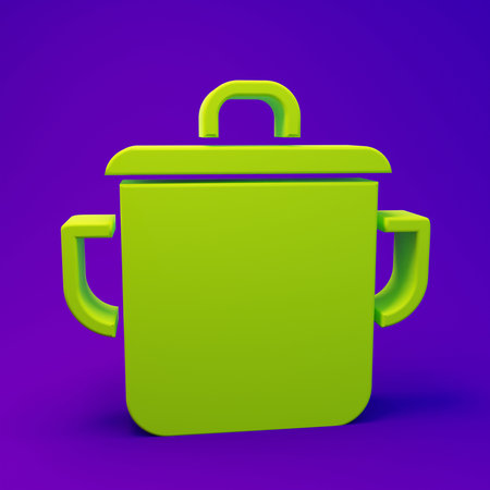 Green Cooking pot icon isolated on purple-blue background. Boil or stew food symbol. Minimalism concept. 3D render illustration.の写真素材