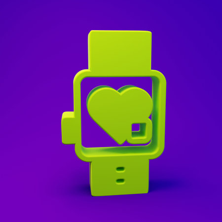 Green Smart watch showing heart beat rate icon isolated on purple-blue background. Fitness App concept. Minimalism concept. 3D render illustration.の写真素材
