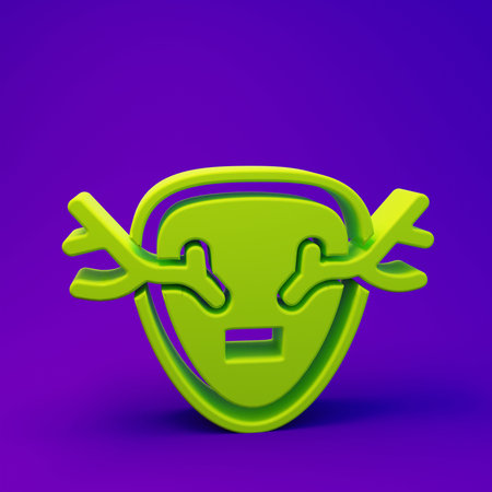 Green Deer antlers on shield icon isolated on purple-blue background. Hunting trophy on wall. Minimalism concept. 3D render illustration.の写真素材
