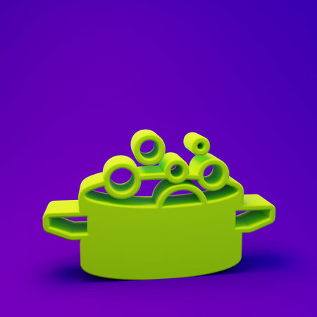 Green Cooking pot icon isolated on purple-blue background. Boil or stew food symbol. Minimalism concept. 3D render illustration.の写真素材