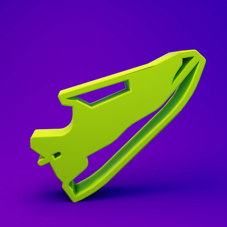 Green Fitness sneakers shoes for training, running icon isolated on purple-blue background. Sports shoes. Minimalism concept. 3D render illustration.の写真素材