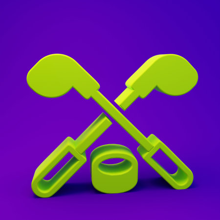 Green Ice hockey sticks and puck icon isolated on purple-blue background. Game start. Minimalism concept. 3D render illustration.の写真素材