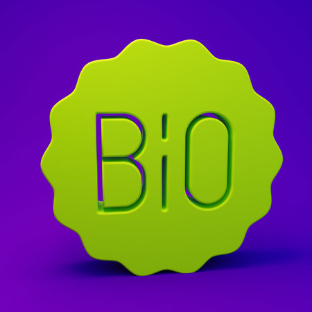 Green Banner, label, tag, logo for bio green healthy food icon isolated on purple-blue background. Organic product. Healthy food sticker. Minimalism concept. 3D render illustration.の写真素材