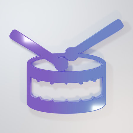 Purple-blue Drum with drum sticks icon isolated on gray background. Music sign. Musical instrument symbol. Minimalism concept. 3D render illustration.の写真素材