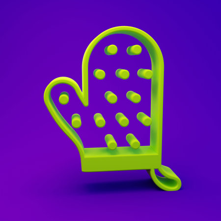 Green Oven glove icon isolated on purple-blue background. Kitchen potholder sign. Cooking glove. Minimalism concept. 3D render illustration.の写真素材