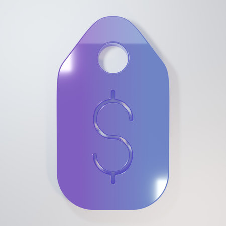 Purple-blue Price tag with dollar icon isolated on gray background. Badge for price. Sale with dollar symbol. Promo tag discount. Minimalism concept. 3D render illustration.の写真素材