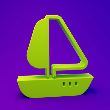 Green Yacht sailboat or sailing ship icon isolated on purple-blue background. Sail boat marine...