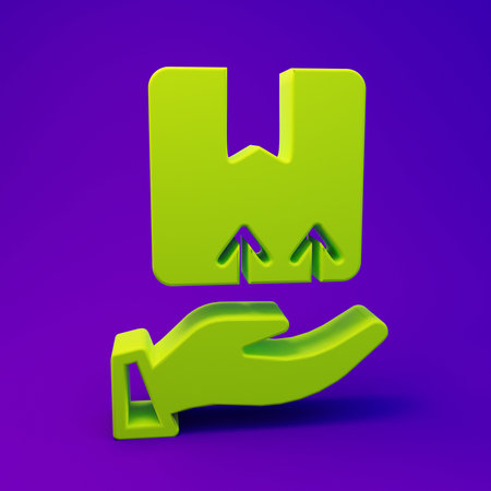 Green Delivery hand with cardboard boxes icon isolated on purple-blue background. Door to door delivery by courier. Minimalism concept. 3D render illustration.の写真素材