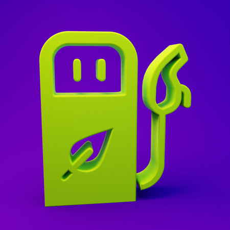 Green Petrol or gas station icon isolated on purple-blue background. Car fuel symbol. Gasoline pump. Minimalism concept. 3D render illustration.の写真素材