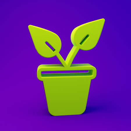 Green Plant in pot icon isolated on purple-blue background. Plant growing in a pot. Potted plant sign. Minimalism concept. 3D render illustration.の写真素材