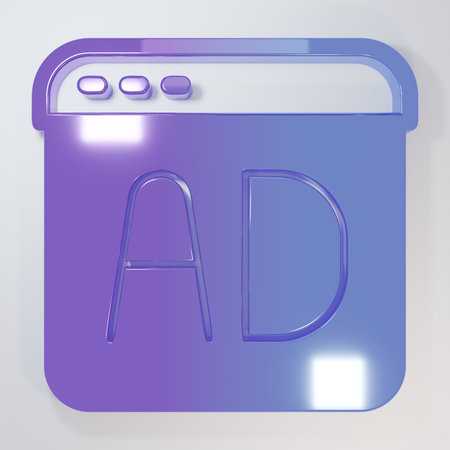Purple-blue Advertising icon isolated on gray background. Concept of marketing and promotion process. Responsive ads. Social media advertising. Minimalism concept. 3D render illustration.の写真素材