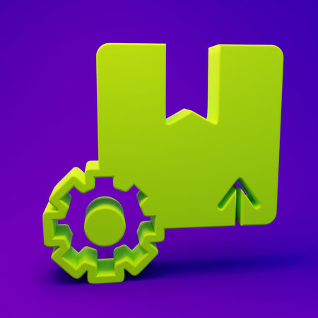 Green Gear wheel with package box icon isolated on purple-blue background. Box, package, parcel...