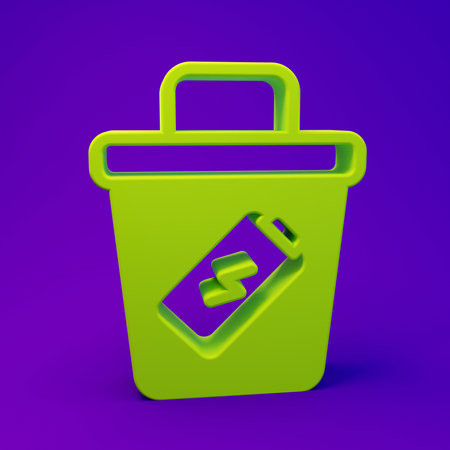 Green Trash can icon isolated on purple-blue background. Garbage bin sign. Recycle basket icon. Office trash icon. Minimalism concept. 3D render illustration.の写真素材