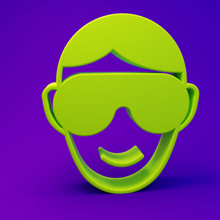 Green Eye sleep mask icon isolated on purple-blue background. Sleeping mask. Minimalism concept. 3D render illustration.の写真素材