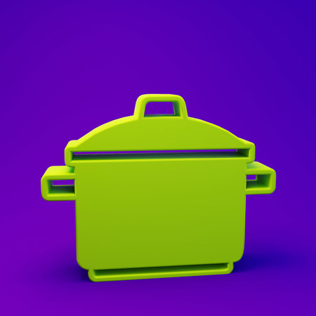 Green Cooking pot icon isolated on purple-blue background. Boil or stew food symbol. Minimalism concept. 3D render illustration.の写真素材