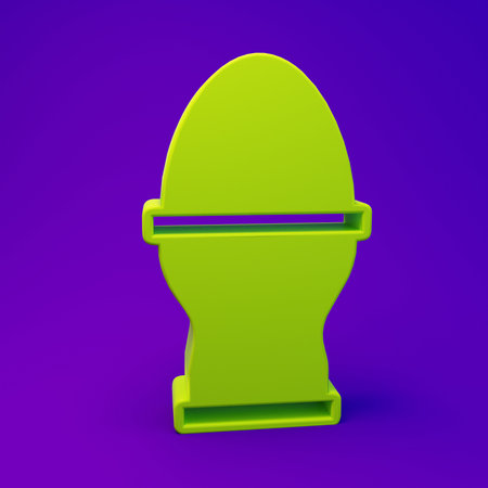 Green egg on a stand icon isolated on purple-blue background. Minimalism concept. 3D render illustration.の写真素材