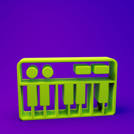Green Music synthesizer icon isolated on purple-blue background. Electronic piano. Minimalism concept. 3D render illustration.の写真素材