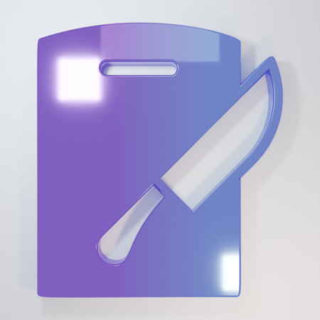 Purple-blue Cutting board and knife icon isolated on gray background. Chopping Board symbol. Cutlery symbol. Minimalism concept. 3D render illustration.の写真素材