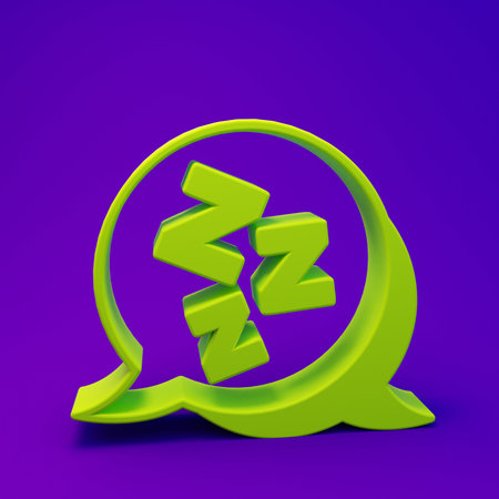 Green Sleepy icon isolated on purple-blue background. Sleepy zzz talk bubble. Minimalism concept. 3D...