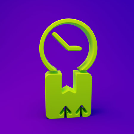 Green Carton cardboard box and fast time delivery icon isolated on purple-blue background. Box,...