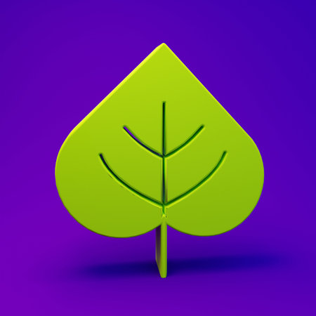 Green Leaf icon isolated on purple-blue background. Leaves sign. Fresh natural product symbol. Minimalism concept. 3D render illustration.の写真素材